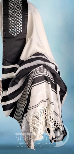 טלית מרוקאית 100% צמר תשבץ – שחור עם אבנים - 261